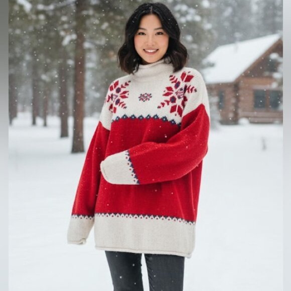 Eddie Bauer Vintage 90s Nordic Wool Heavy Knit Sweater Red Tan Hi Funnel Neck L - Picture 9 of 16